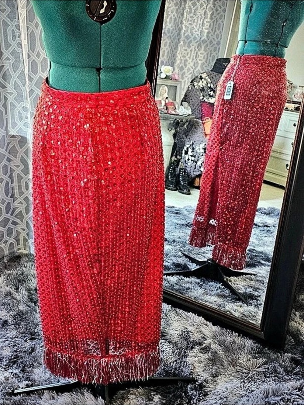 SAYLOR Sequin Fringe Maxi Skirt in Red Size Small NWT